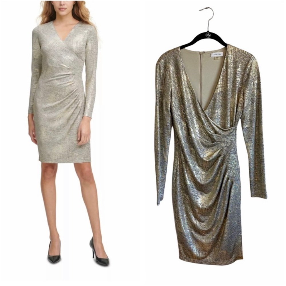 NWOT Calvin Klein Metallic Long Sleeve Faux Wrap Sheath Dress - Size 4, Gold - Picture 5 of 9